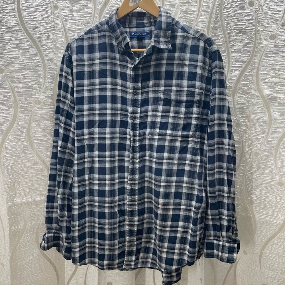 Croft & Barrow Plaid Button Down Mens Large Navy Blue Cotton Flannel‎ Pocket